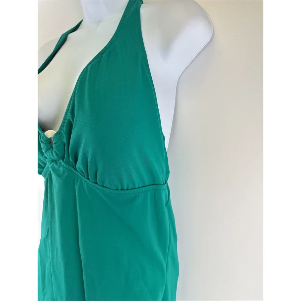 Lands End One Piece Swimsuit Green Halter Tie Neck Ring‎ V-Neck Beach Plus 18